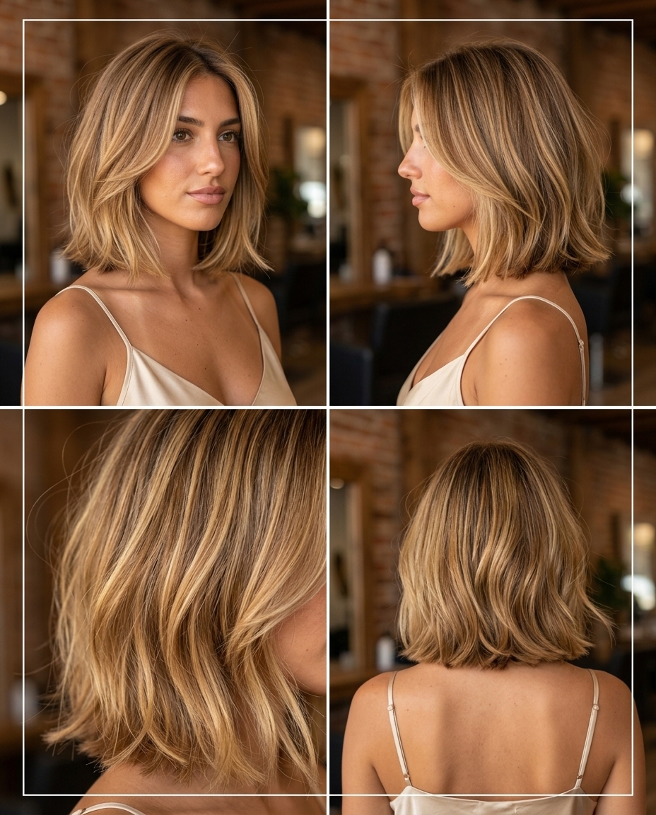 chin-length textured bob haircut in honey balayage with caramel highlights, face-framing layers, slight A-line for casual brunch