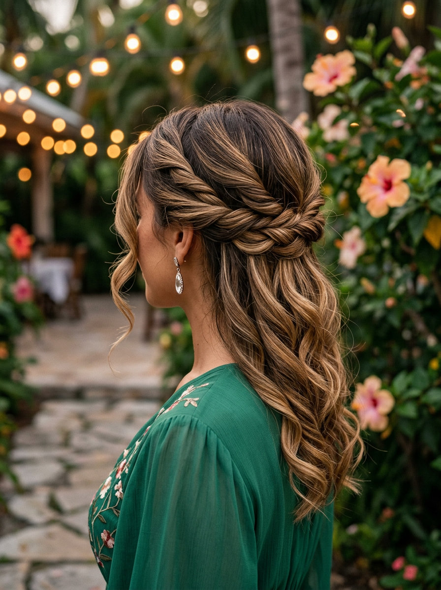 Boho Summer Crown 2026 long honey balayage twisted crown with face-framing curls, soft waves — romantic bohemian garden party