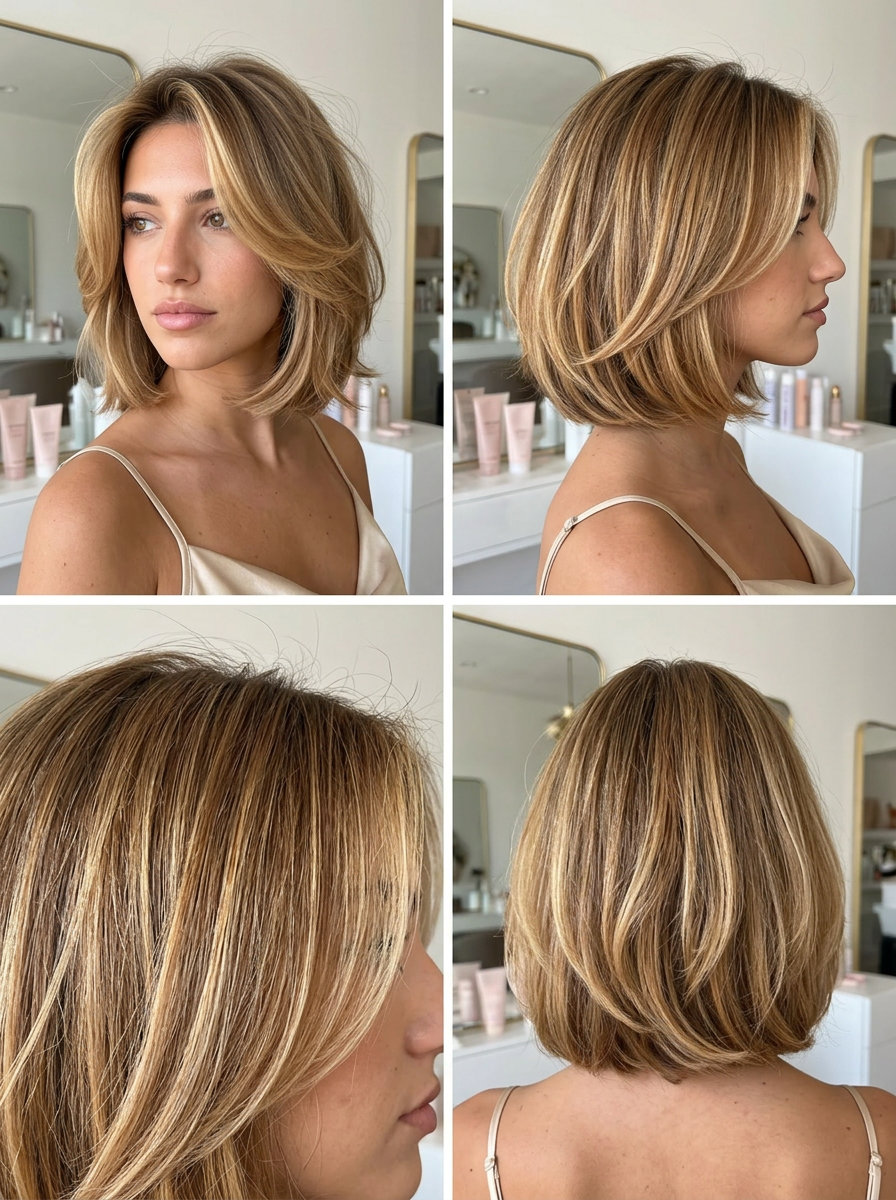 shoulder-length layered bob with warm honey balayage and face-framing layers for summer