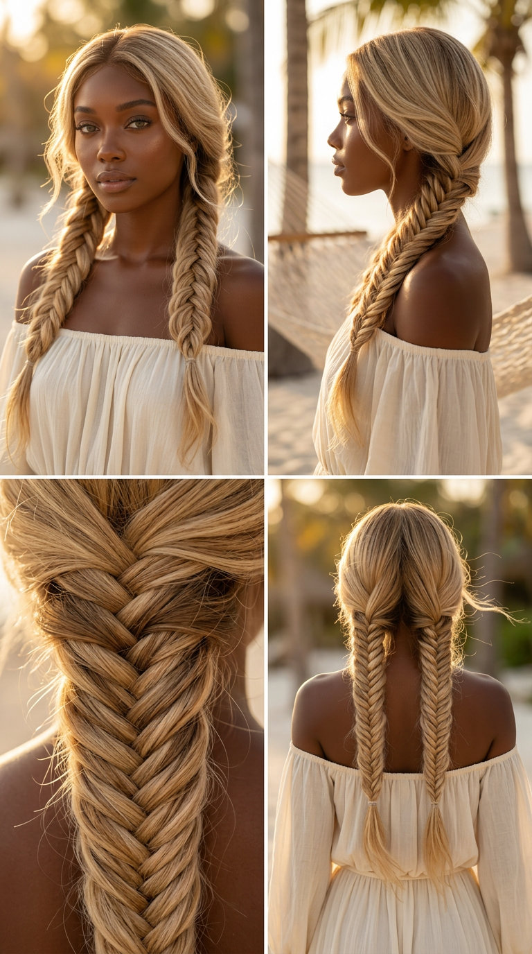 Beachy Honey Fishtail Braids 2026 honey butter blonde fishtail braids with pancaked texture and face-framing tendrils for a beach vacation