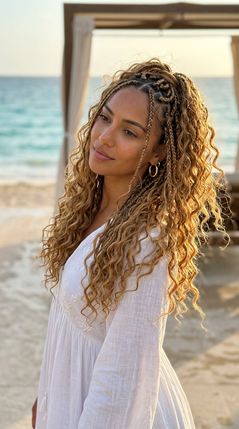 Sun-Kissed Goddess Braids Crown 2026 sun-kissed goddess braids crown with honey blonde highlights and loose curls for a boho wedding