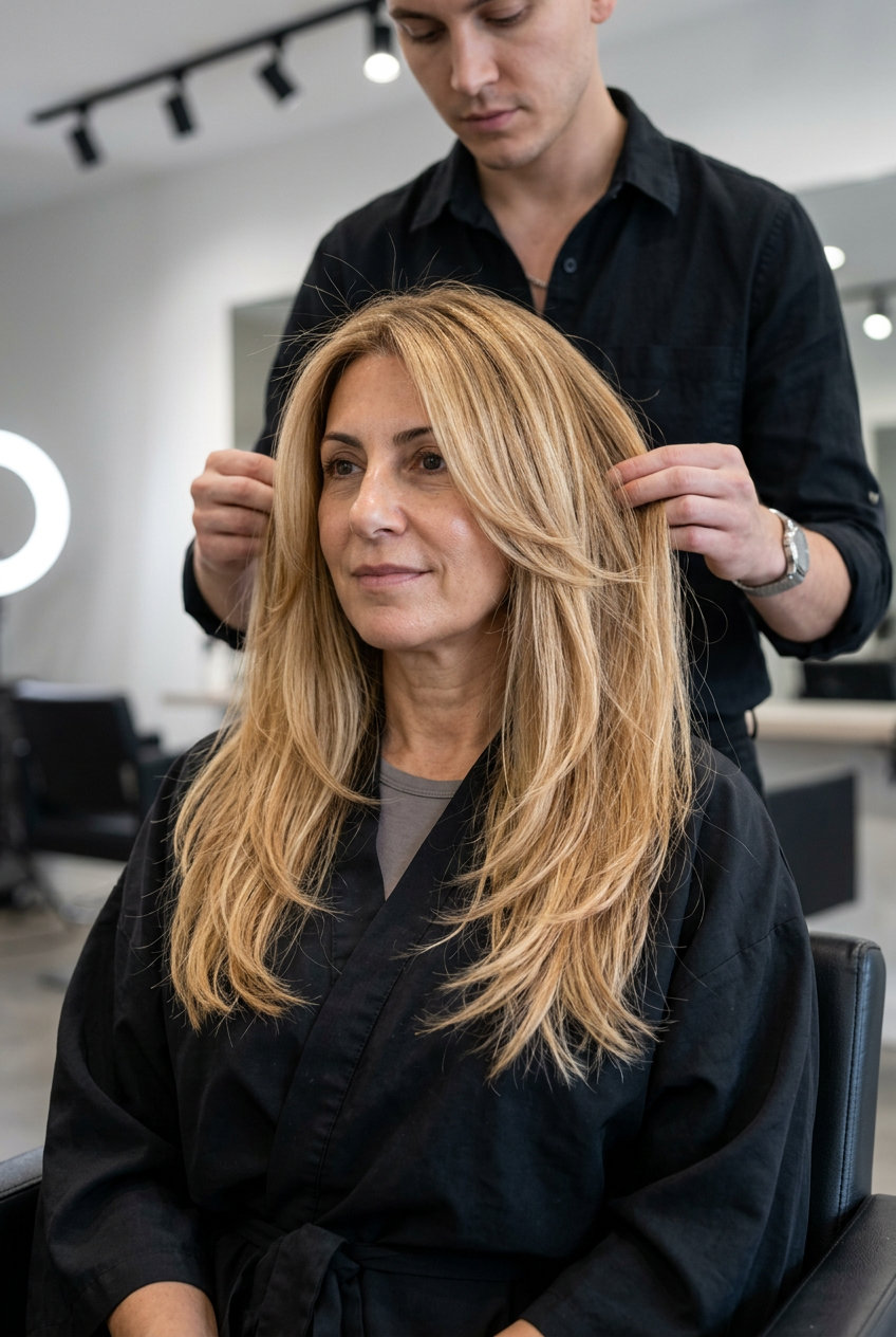 long layered haircut in warm honey blonde with golden balayage and caramel lowlights for soft romantic beach day