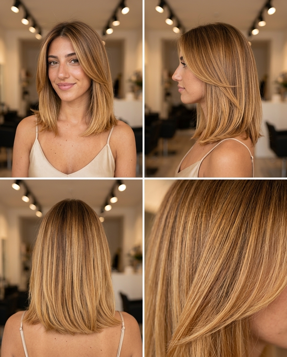 long honey blonde ombre with warm caramel root shadow, golden amber, glamorous mood