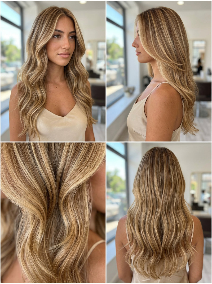 long wavy haircut with honey blonde balayage, ghost layers and soft U-shape for weekend brunch