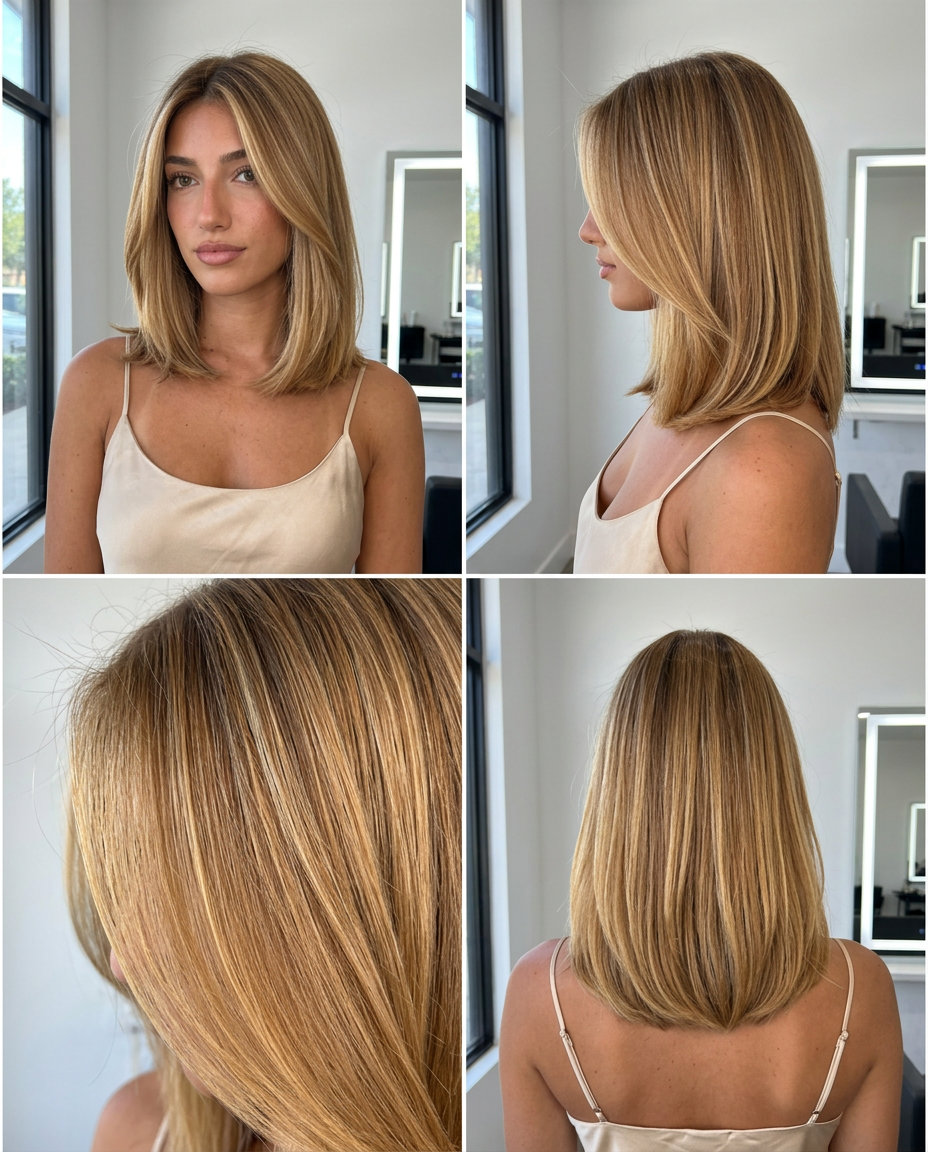 medium honey blonde lob with golden babylights and root smudge for brunch
