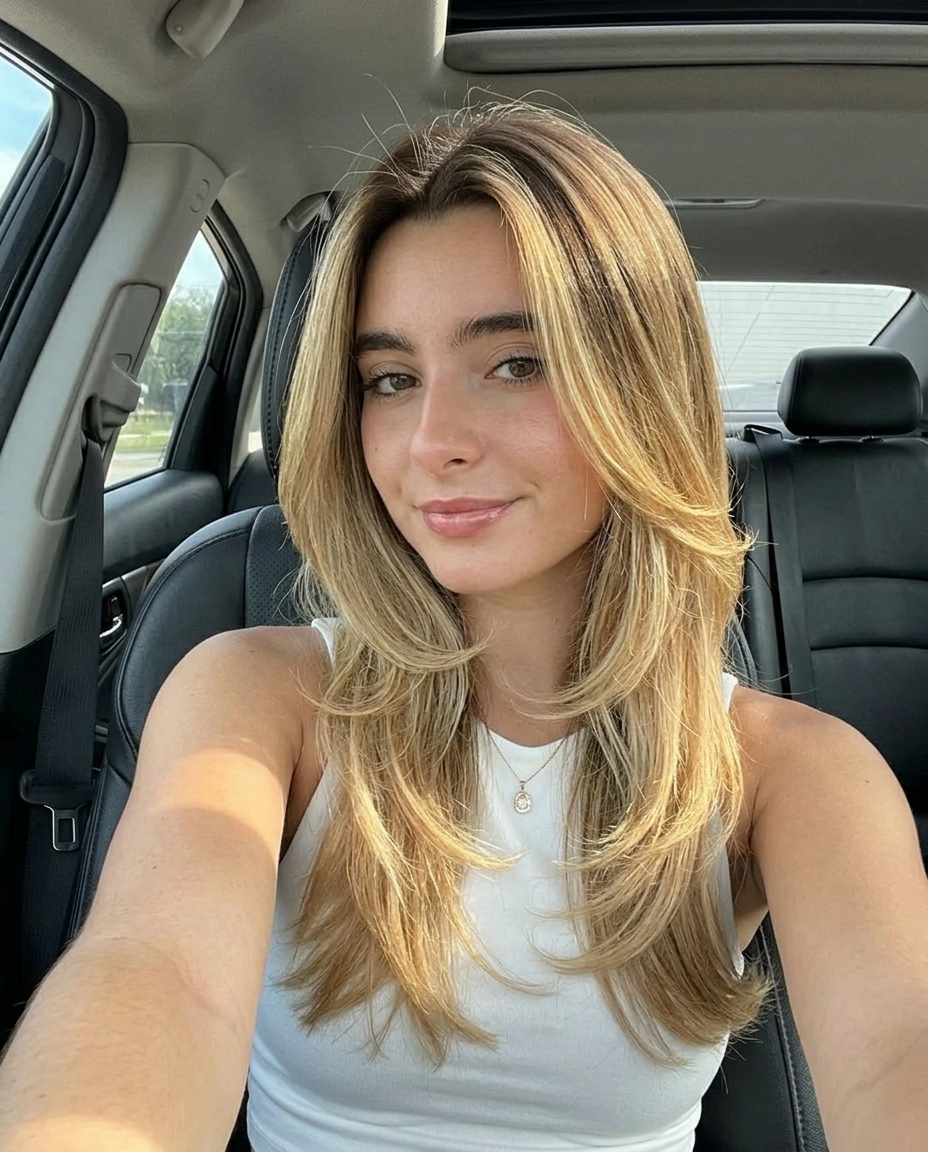 long flowy butterfly haircut in honey blonde ombré from brunette, soft blended layers, no fringe — playful beachy waves