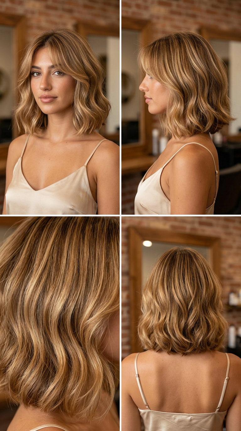 short warm honey blonde bob haircut with curtain bangs and balayage for brunch