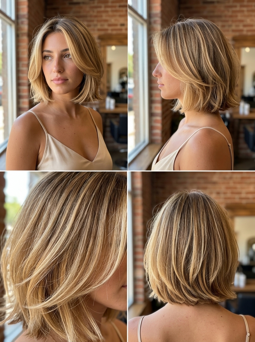 short razor bob haircut in warm honey blonde with golden babylights, vanilla root shadow, diffused ends — romantic beachy waves