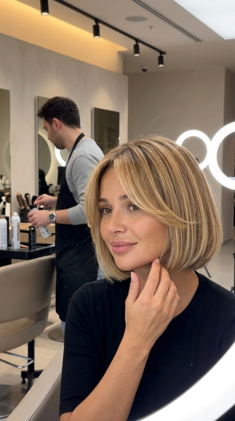 short french bob haircut with honey blonde balayage, soft layers, curtain bangs — relaxed beach day