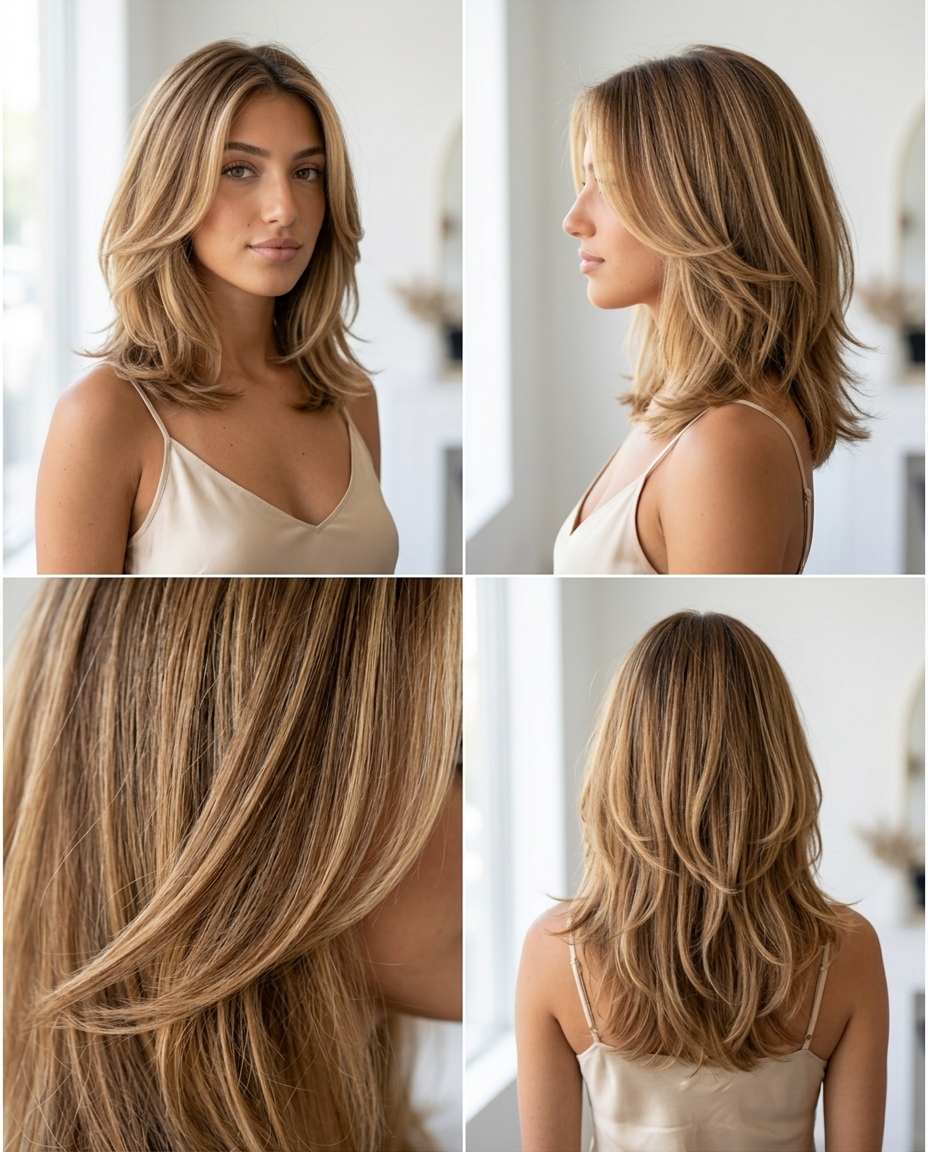shoulder-length flowy butterfly haircut in honey blonde with golden caramel balayage, ghost layers, no fringe — effortless chic