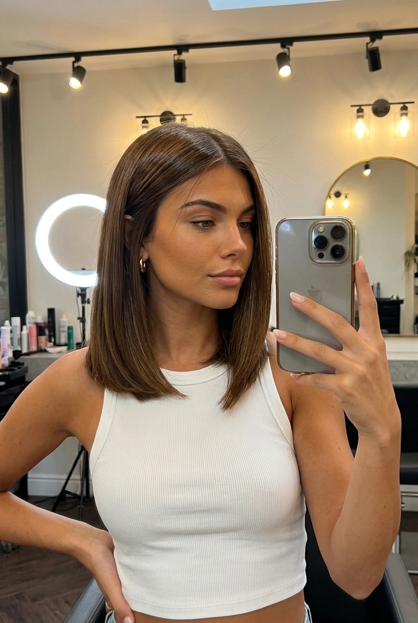 medium lob haircut in deep honey brunette with gloss, blunt cut, no bangs — professional & chic