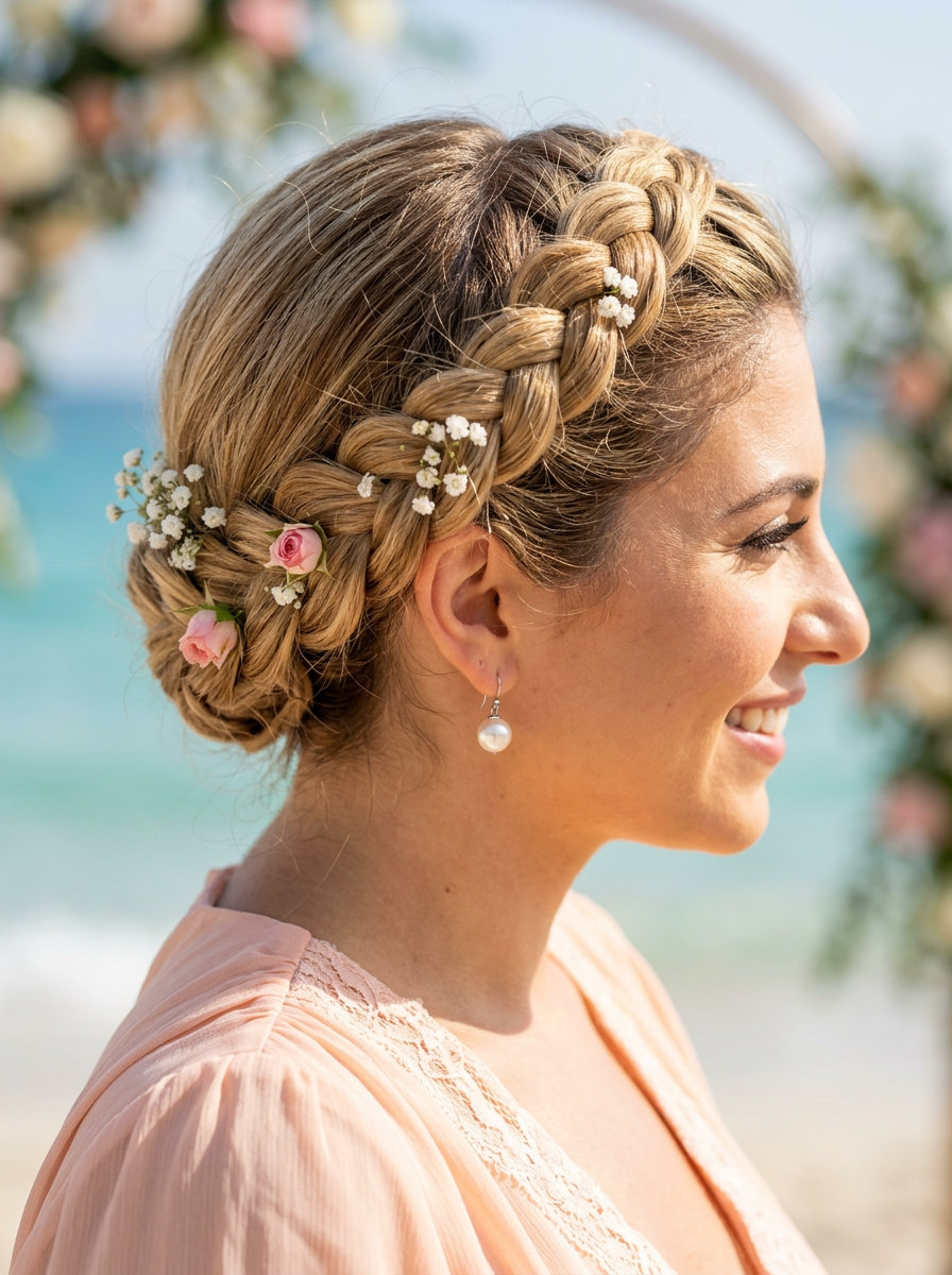 Honey Butter Blonde Halo Braids 2026 medium honey butter blonde halo braids with floral accents for summer wedding guest