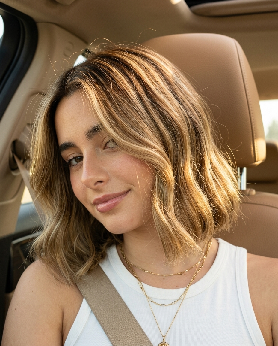 chin-length Italian bob haircut with warm honey balayage and diffused layers for summer