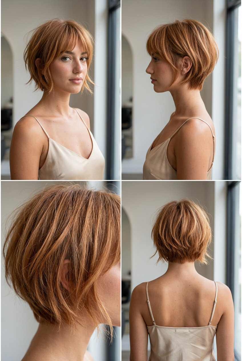 short choppy crop with honeyed ginger strawberry blonde, wispy bangs, point-cut texture — playful, effortless
