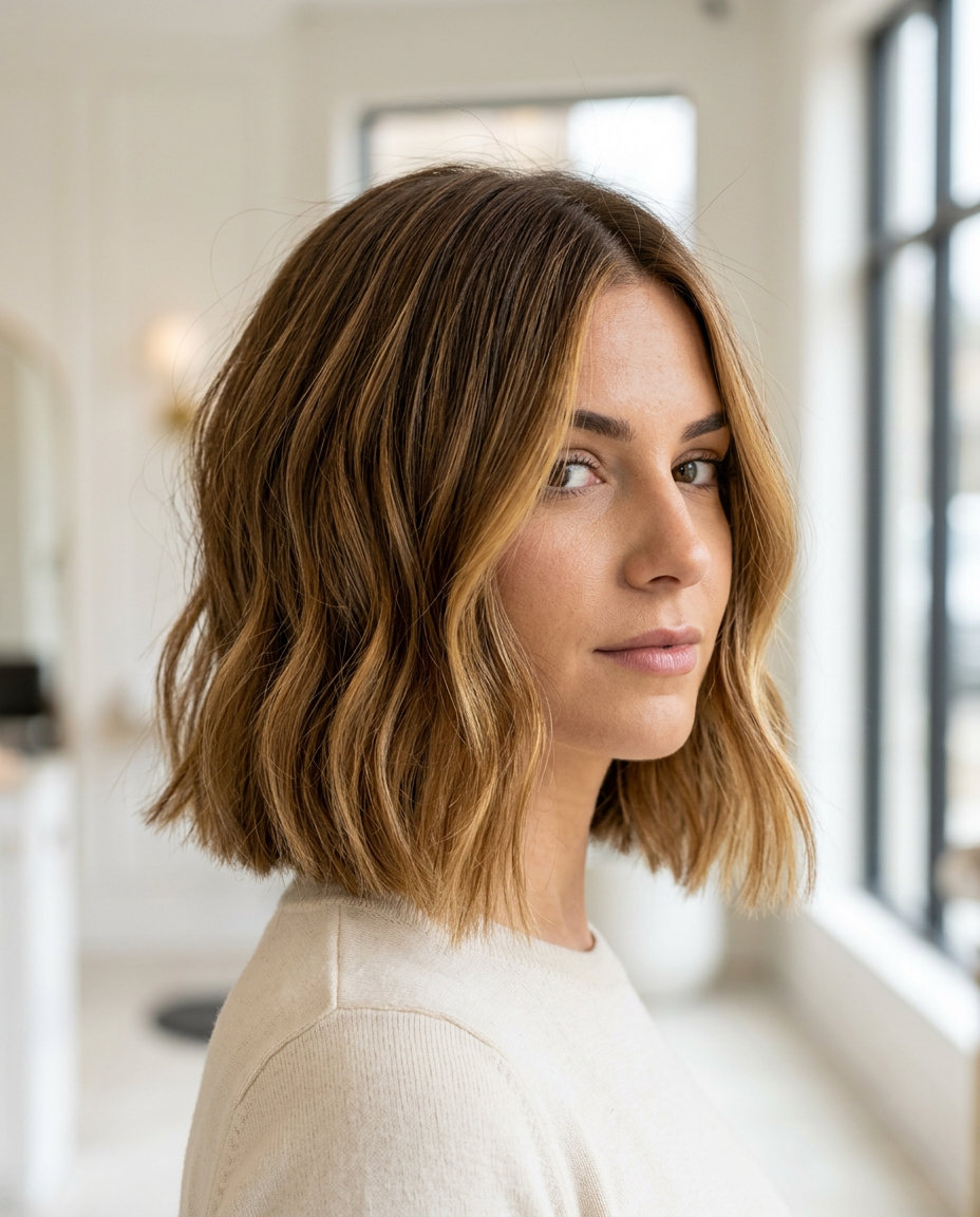 Chin-length blunt bob with honey-glazed walnut balayage and side part for professional look