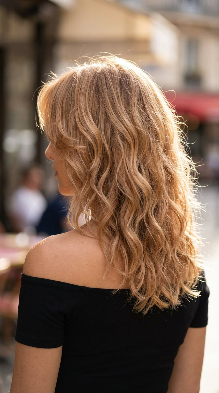 medium-length honeyed ginger strawberry blonde shag with curtain bangs and textured layers for boho style