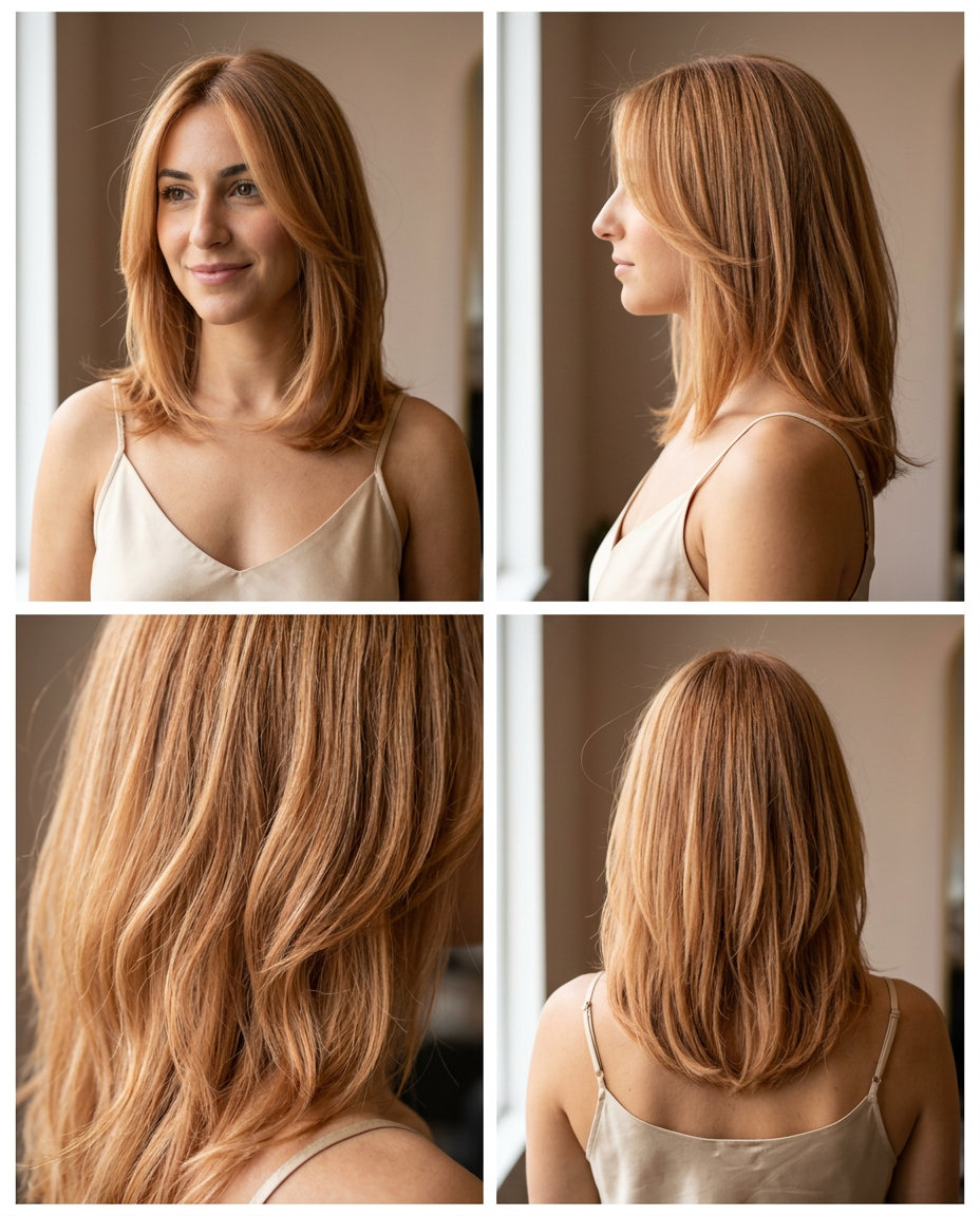 shoulder-length honeyed ginger strawberry blonde midi with face-framing layers and soft waves for casual outings
