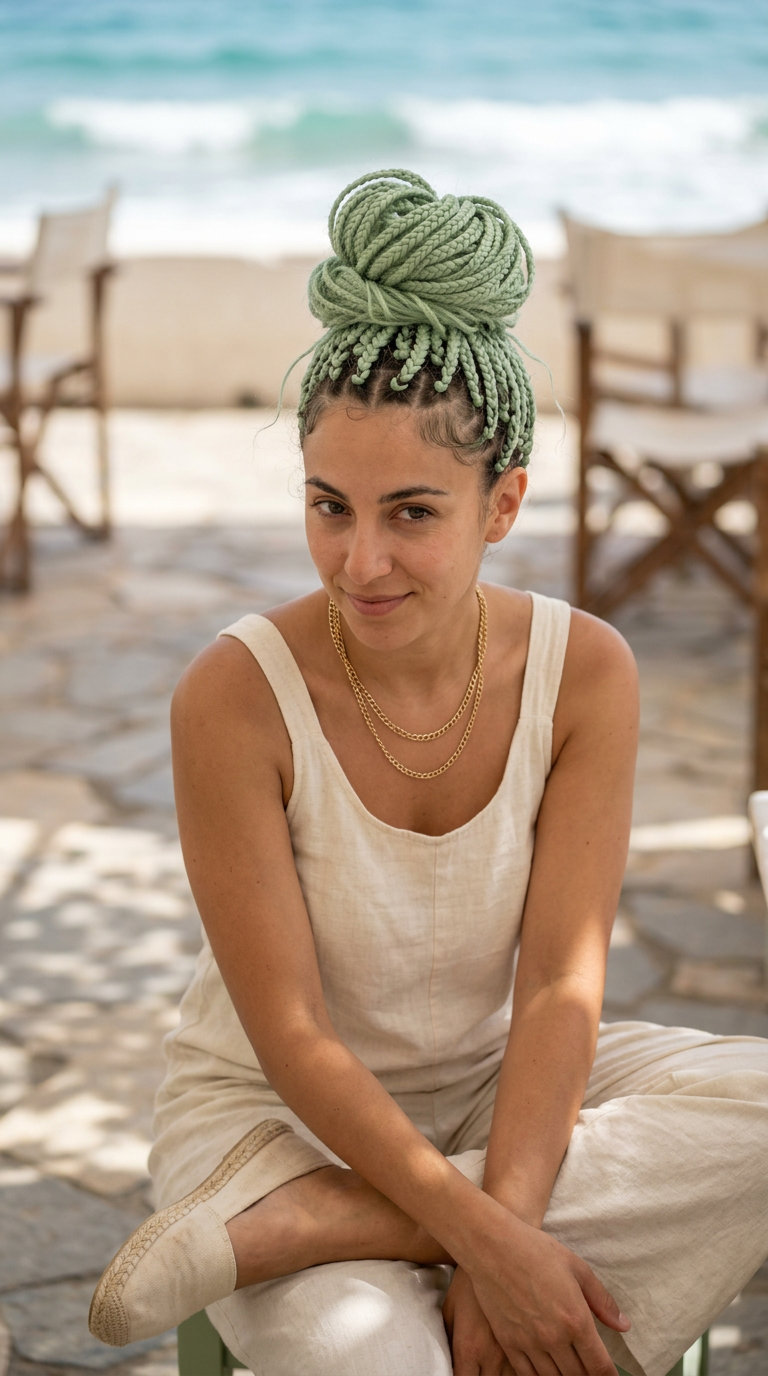 Iced Matcha Green Braided Bun 2026 iced matcha green braided bun with playful texture and vibrant scrunchie for a casual outing