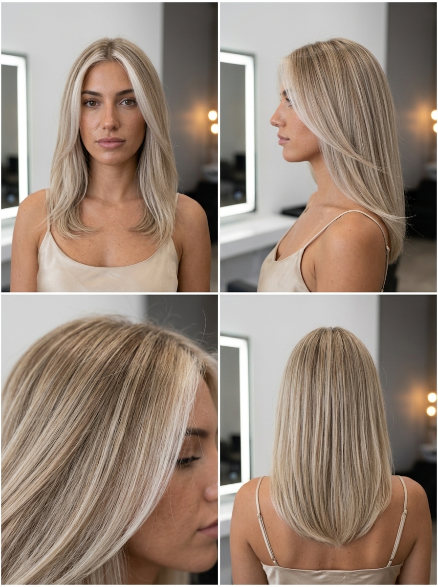 long icy platinum blonde ombre with cool beige, natural blonde root, bold mood