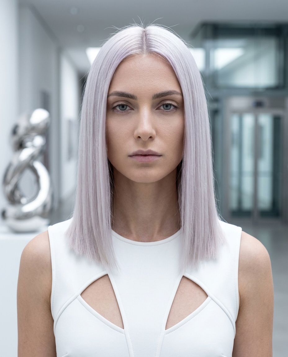 medium blunt cut haircut with icy platinum blonde & violet undertones, razor-sharp perimeter, no fringe — bold glamorous