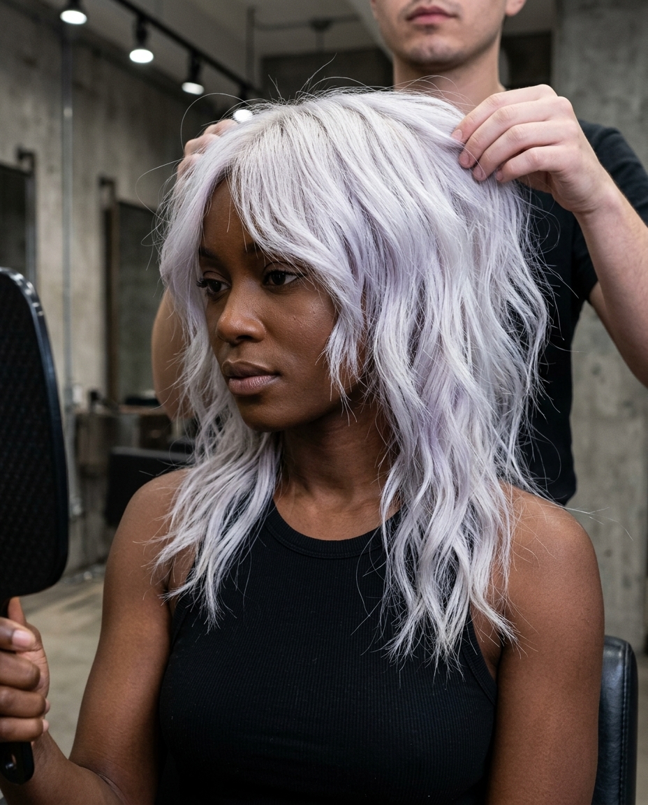 medium-length flowy butterfly haircut with icy platinum, razored shag layers, and choppy face-framing for rebellion