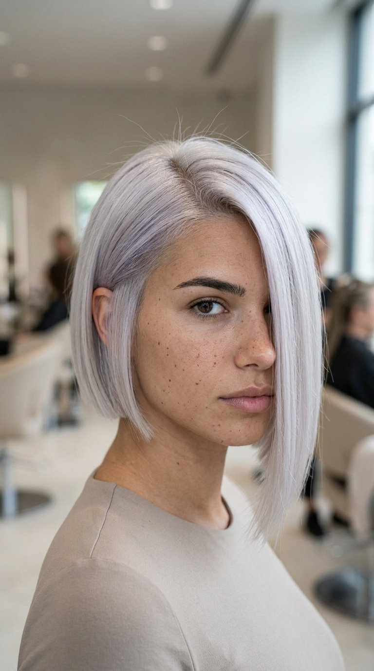 short asymmetrical icy platinum bob haircut with blunt edges for summer