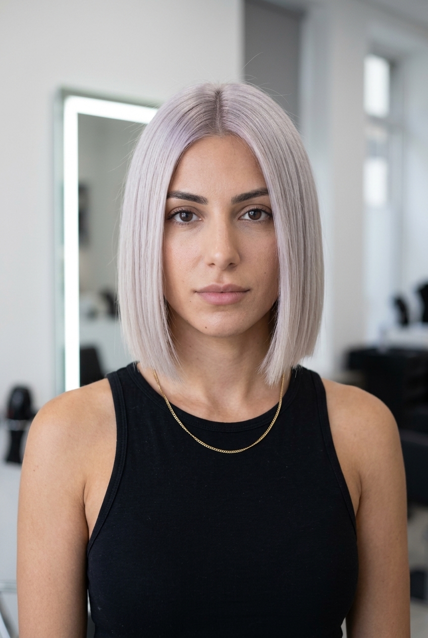 short icy platinum bob haircut with violet-ash tone, precise blunt cut, no fringe — minimalist sleek