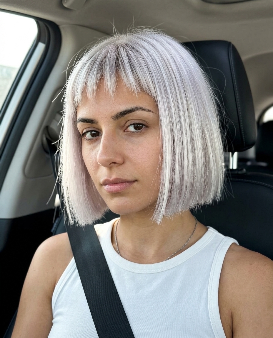 Platinum Micro-Fringe Bob Haircut 2026 short bob haircut with icy platinum blonde, razor-sharp blunt cut, micro-fringe — avant-garde statement
