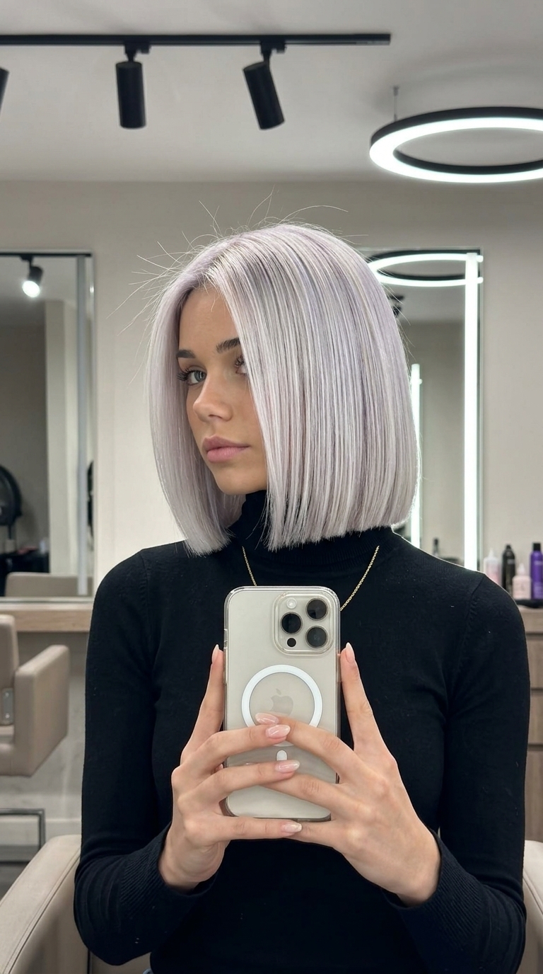 short icy platinum bob haircut with silver-violet undertones, sharp blunt cut, no fringe — bold futuristic