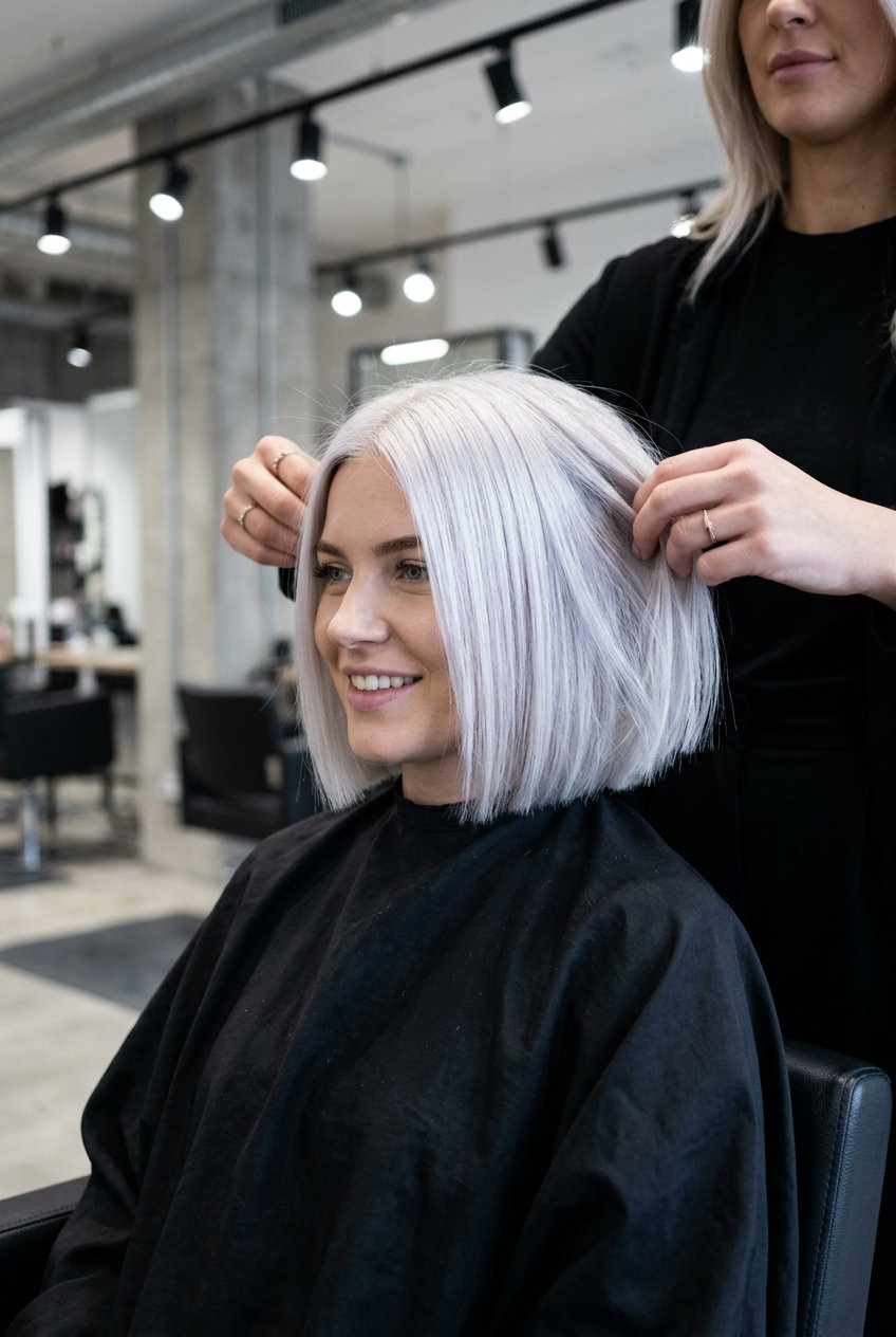 short icy platinum blonde bob haircut with silver-violet toner, blunt perimeter, deep side part — high-fashion event