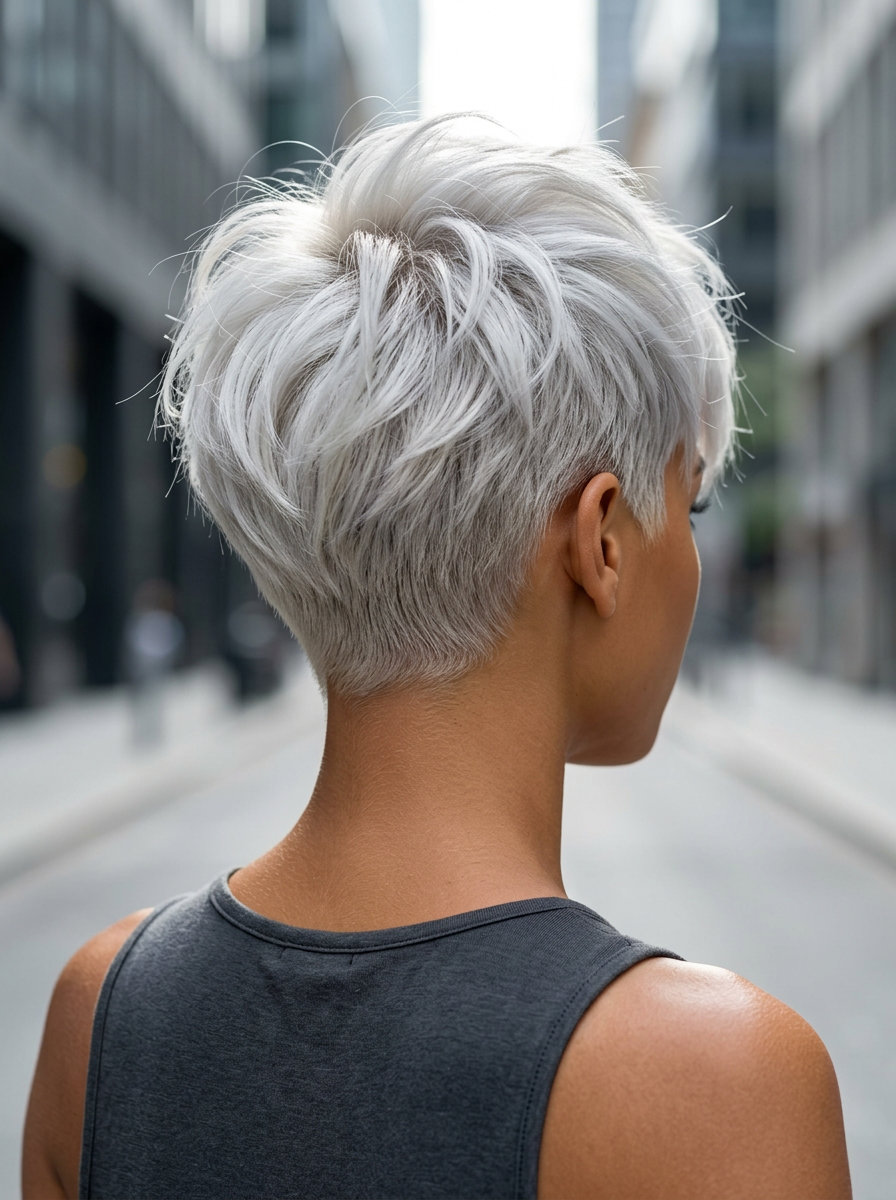 short icy platinum pixie haircut with choppy layers and piecey fringe for festivals