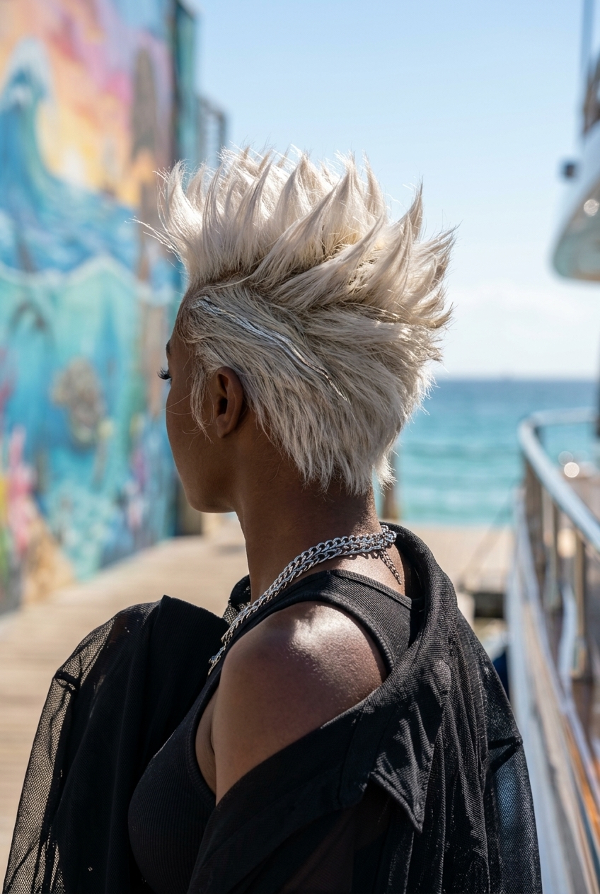 short pixie haircut with icy platinum blonde, quiff styling, no fringe — bold night out