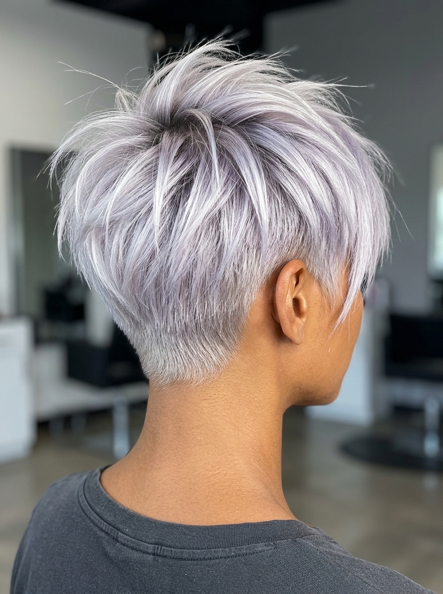Sculpted Ice Pixie: Bold Summer Cut short icy platinum pixie haircut with razored texture and asymmetric fringe for edgy look
