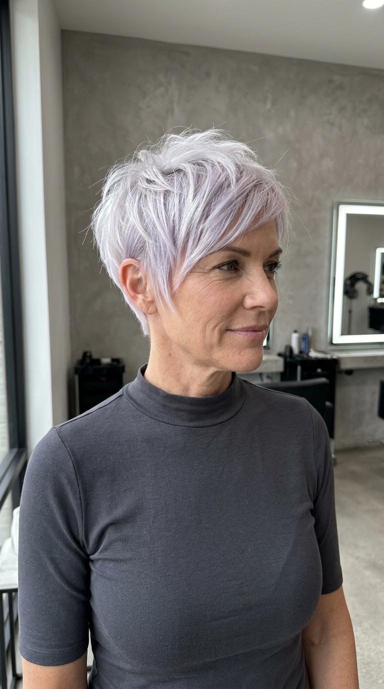 very short icy platinum pixie haircut with violet toner and razored texture for bold modern minimal style