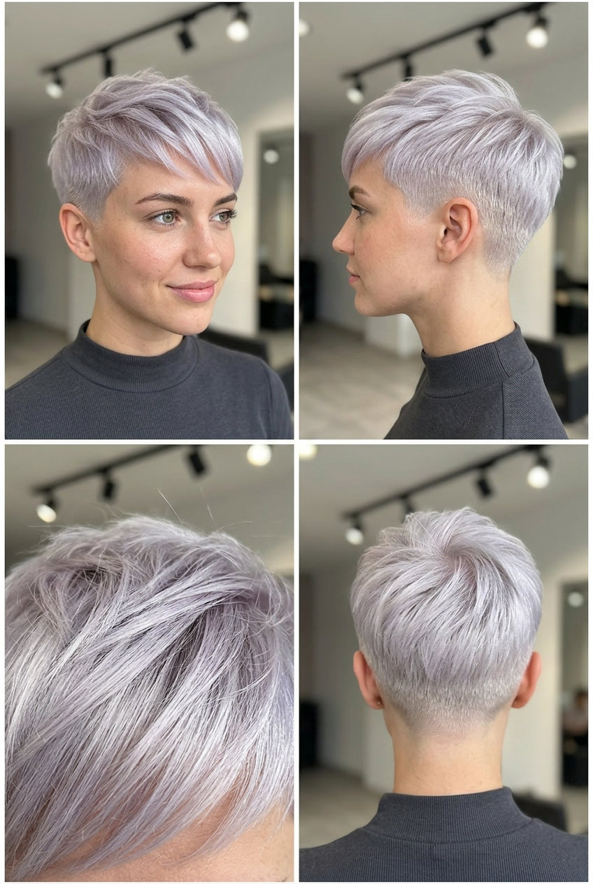 short icy platinum pixie haircut with textured layers and no fringe for festival