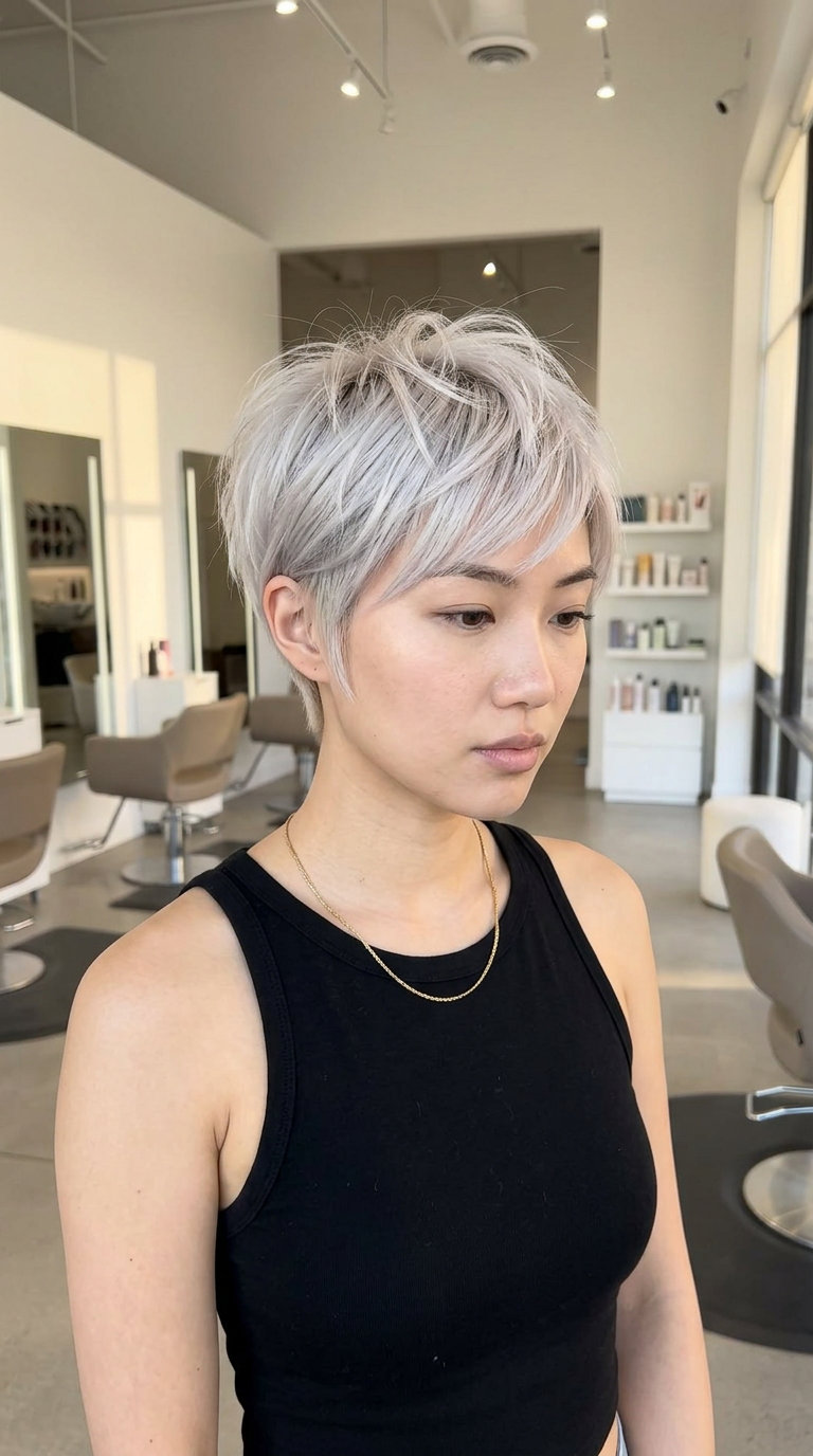 short icy platinum pixie haircut with textured wisps and side-swept fringe for summer