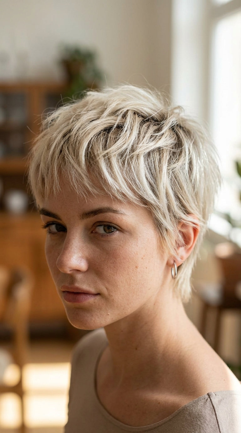 short shixie haircut in icy platinum blonde with ash root shadow, razored layers, micro-fringe — bold edgy look