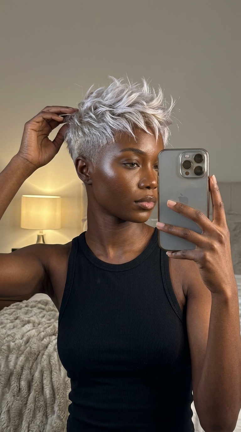 short wavy crop haircut in icy platinum with violet-ash toner, textured top, no fringe — edgy