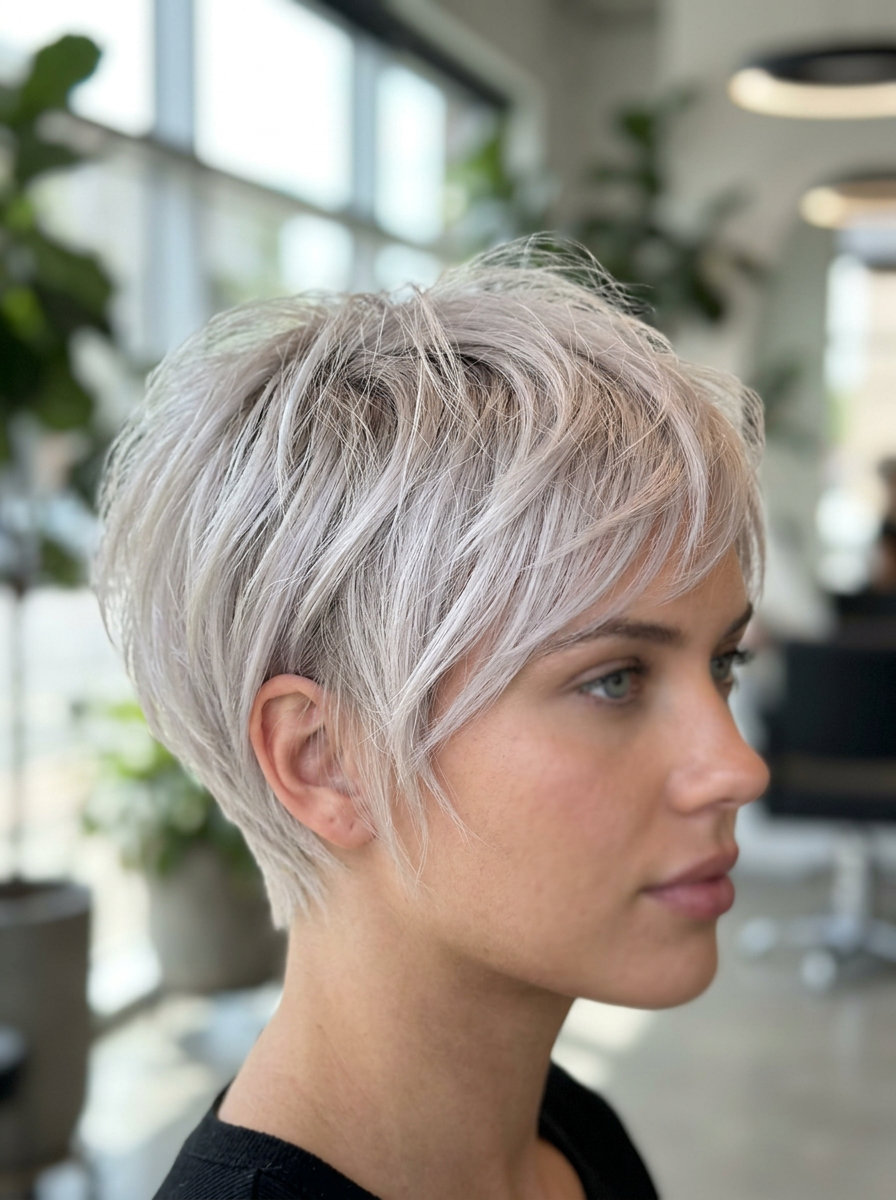 very short layered pixie haircut in icy platinum blonde with ash root smudge and wispy temples for summer