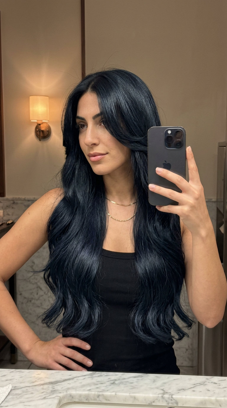 long wavy haircut with jet black color, sculpted waves and face-framing layers for formal event