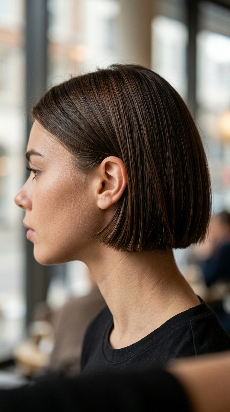 short razor bob haircut in jet black with cool blue undertones, laser-cut perimeter, deep side part — edgy sleek