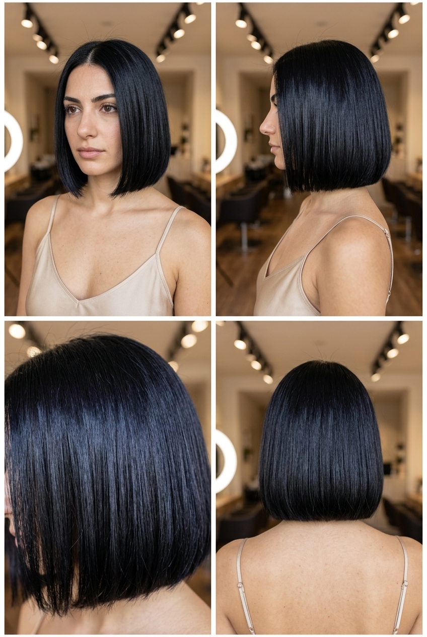 short french bob haircut with jet black, blue-violet undertones, blunt perimeter — elegant bold style