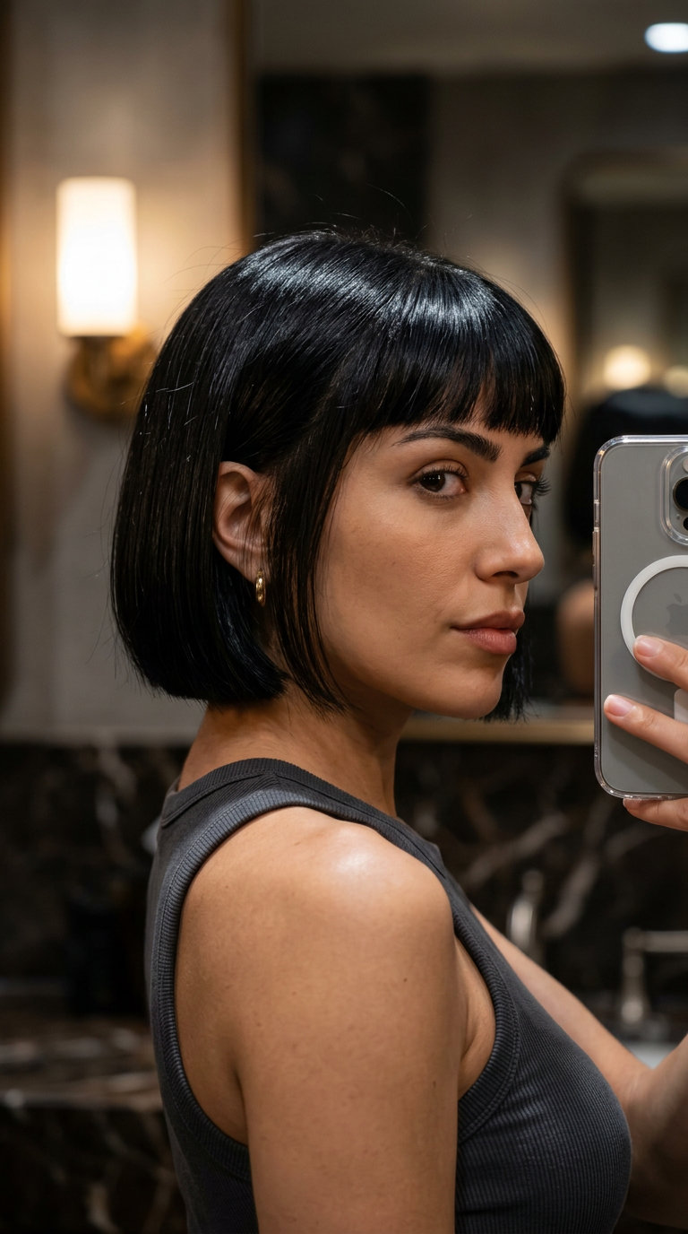 short french bob haircut in jet black with high-gloss finish, blunt perimeter, blunt bangs — bold minimalist professional look