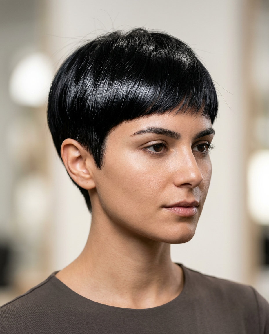 very short pixie haircut in jet black with blunt cut for summer