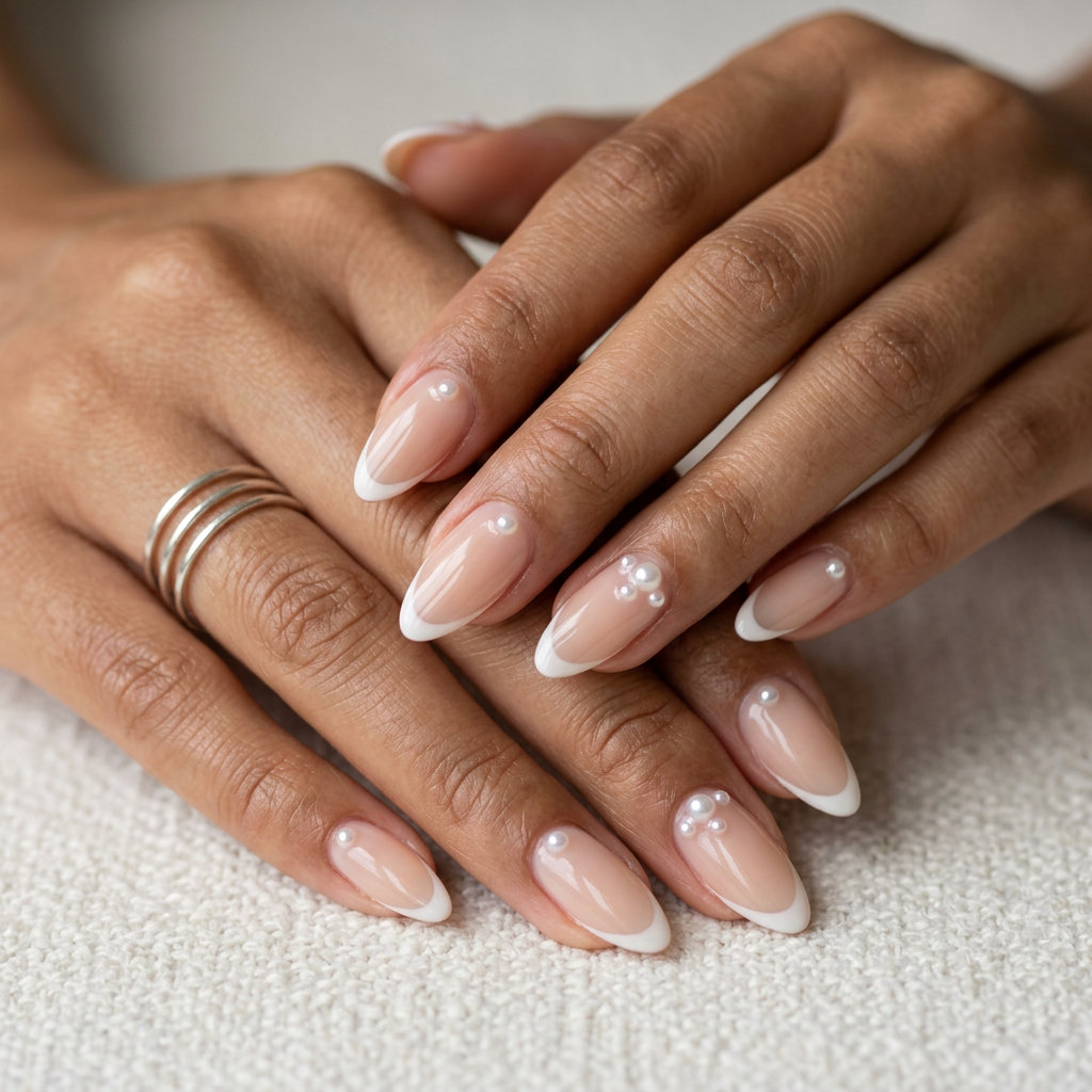 Bridal Pearl Micro French Manicure 2026 Bridal Pearl Micro French manicure: sheer nude with milky white tips & pearl accents for wedding guest.