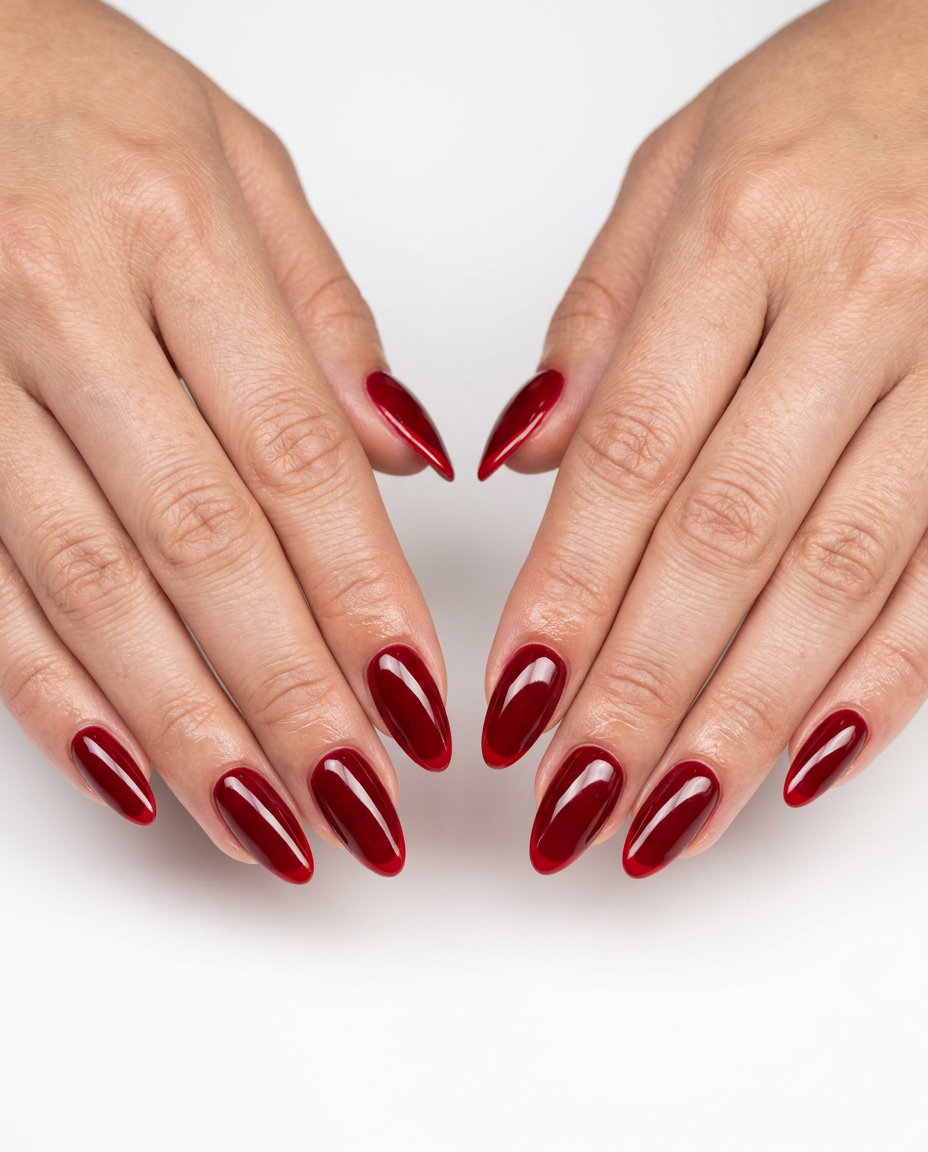 June Manicure Ideas 2026: Cherry Red French Almond Chic Cherry Micro French Almond nails: deep cherry red with glossy finish, ideal for date nights and summer trends in June 2026.