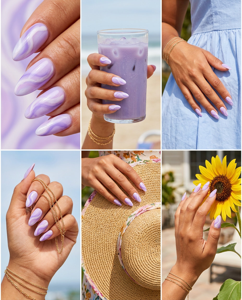 Dreamy Lavender Swirls Almond Nails 2026 Dreamy Lavender Swirls Almond nails for romantic spring events and bridal showers.