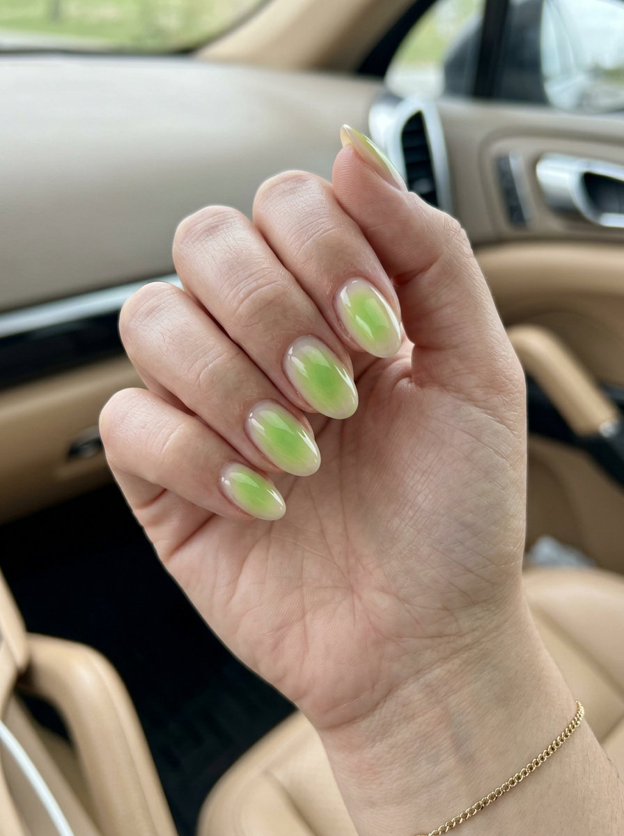 June Manicure Ideas 2026: Green Aura Gradient Nails Ethereal Green Aura Gradient Oval nails: June manicure ideas 2026, soft lime green diffused gradient for casual office.