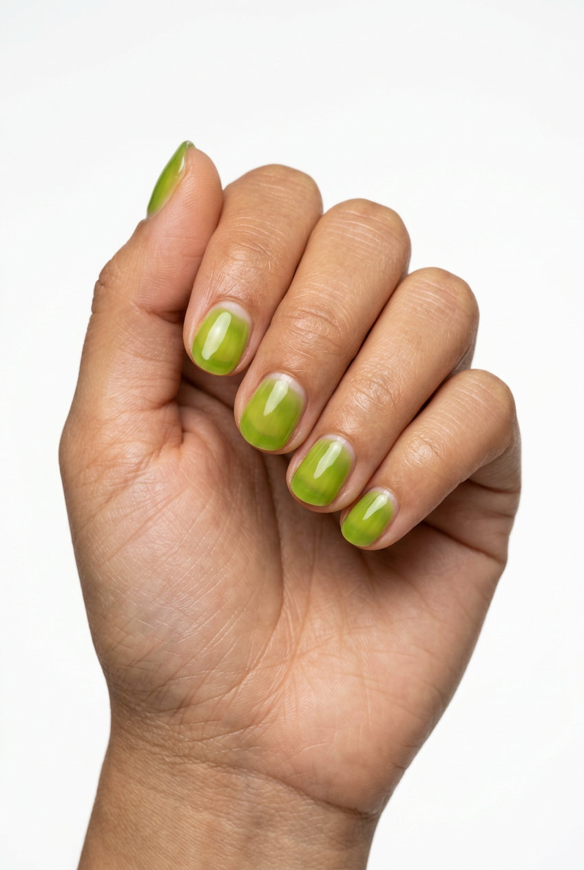 June Manicure Ideas 2026: Lime Green Jelly Half Moon Juicy Citrus Half Moon nails: translucent lime green jelly with negative space, playful for summer brunch in June 2026.