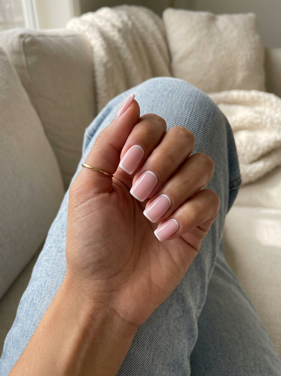 Milky Pink Reverse French Manicure 2026 Milky Pink Reverse French manicure for clean-girl style, work, and casual wear.